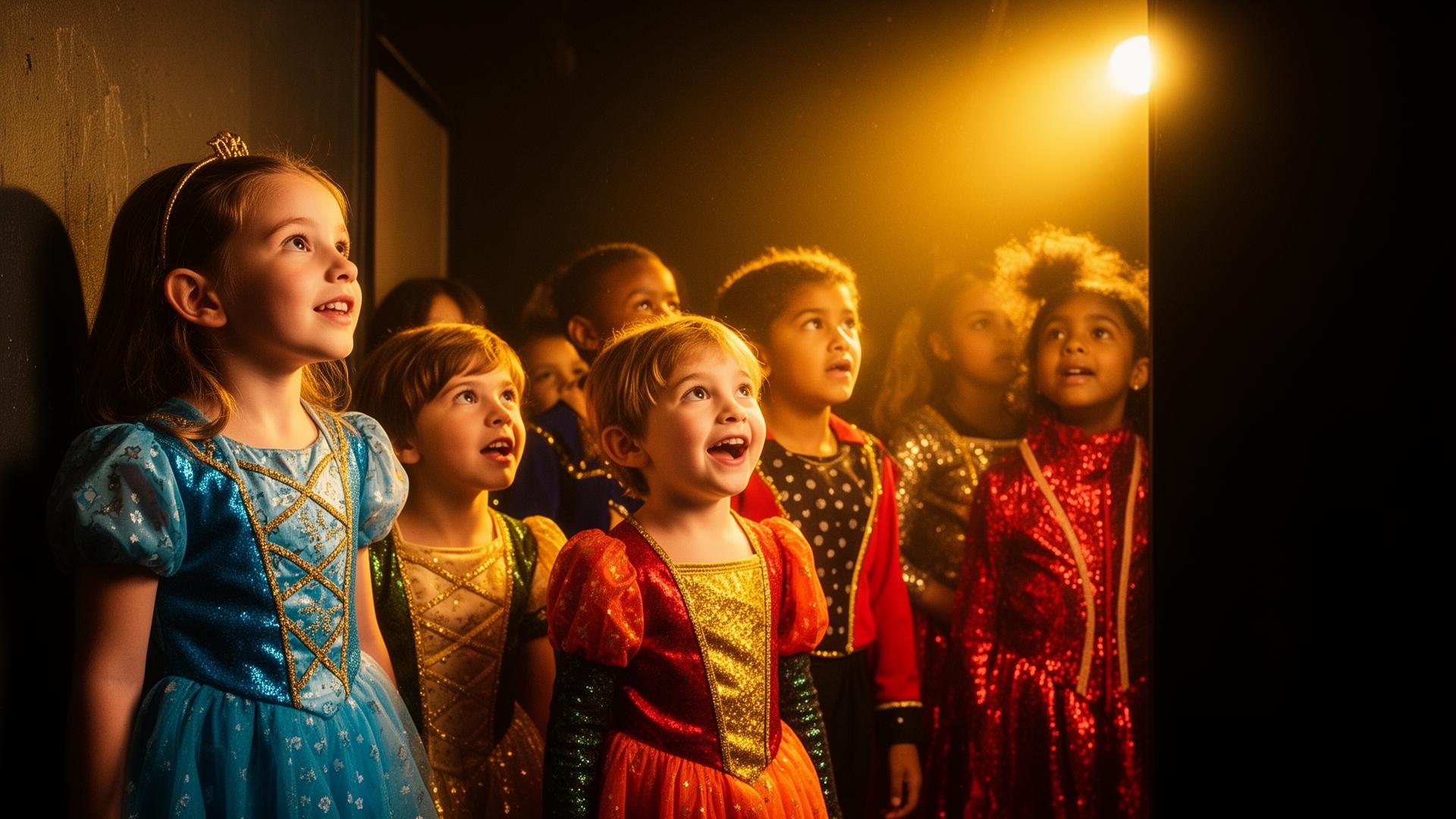 Children backstage looking towards the stage lights