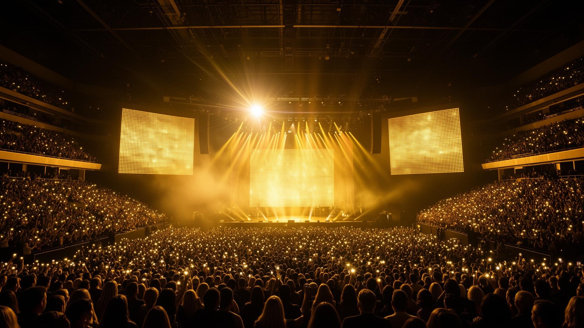 Children's choir performing under golden spotlights