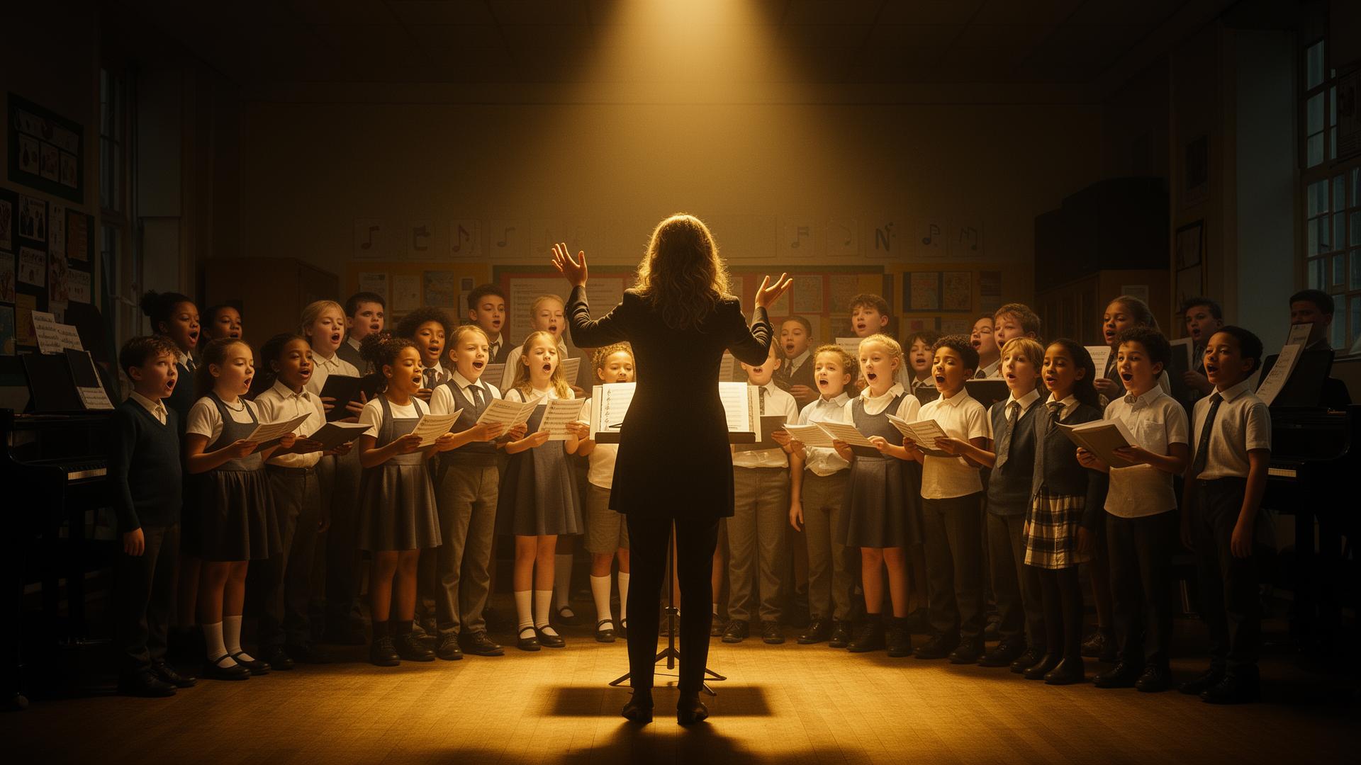 Primary school children rehearsing with their music teacher